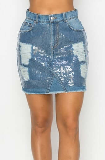 Sequin Vibes Distressed Denim Mini Skirt