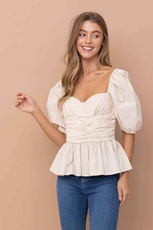 (More colors) Win Your Heart Ruched Peplum Puff Sleeve Blouse