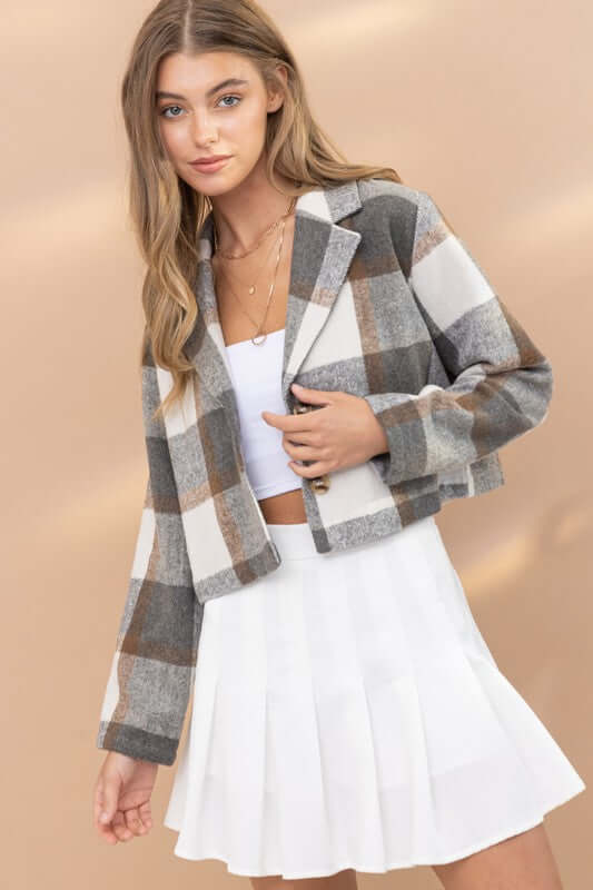 Out of the Ordinary Cropped Grey Plaid Blazer Jacket