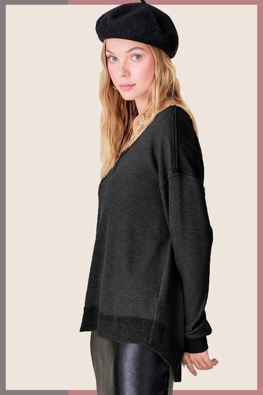 Let's Get Going Black Waffle Knit Top