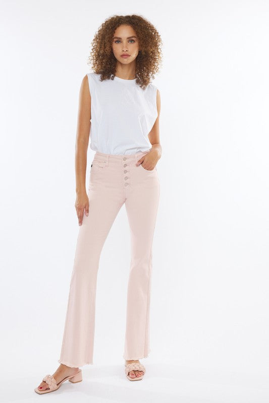 Riley High Rise Button Fly Pink Frayed Hem Flare Jeans