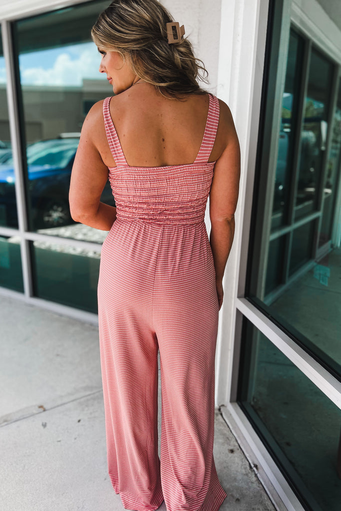 (More colors) Give It Your All Smocked Striped Jumpsuit