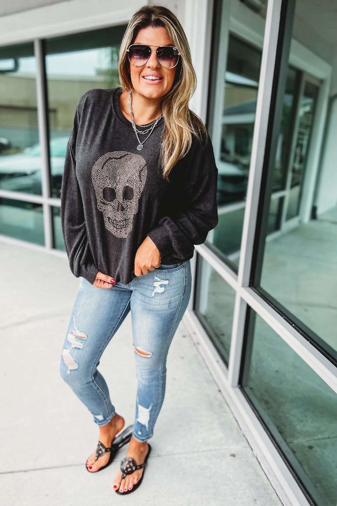 Studded Skull Charcoal Brushed Hacci Top