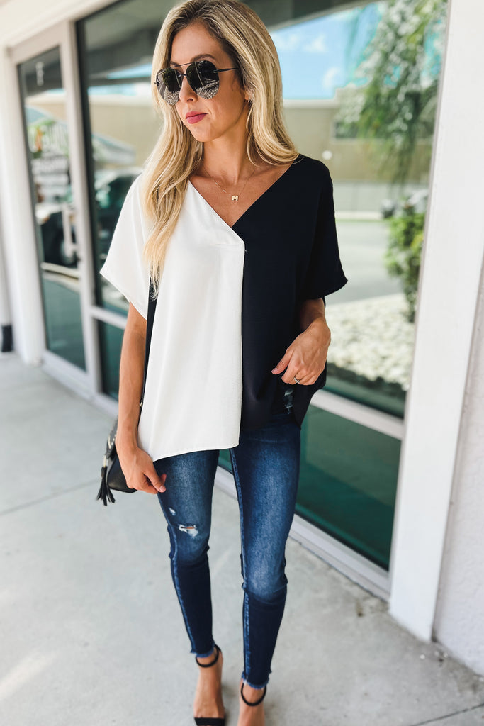 Opposites Attract White & Black Colorblock V Neck Top