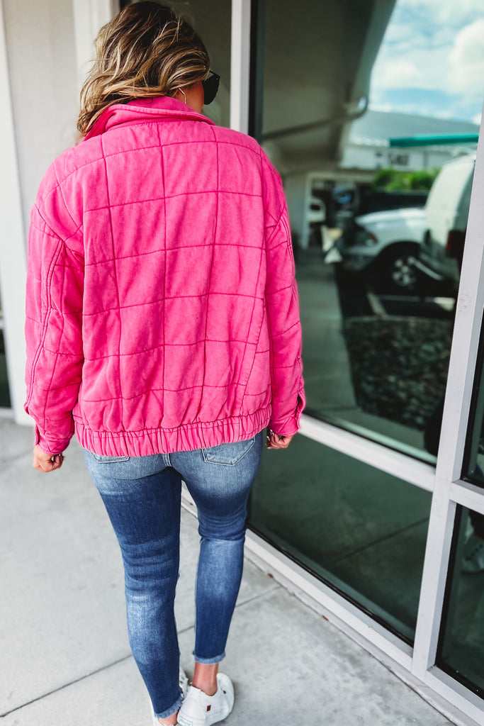 No More Wasting Time Garment Stone Washed Hot Pink Quilted Jacket