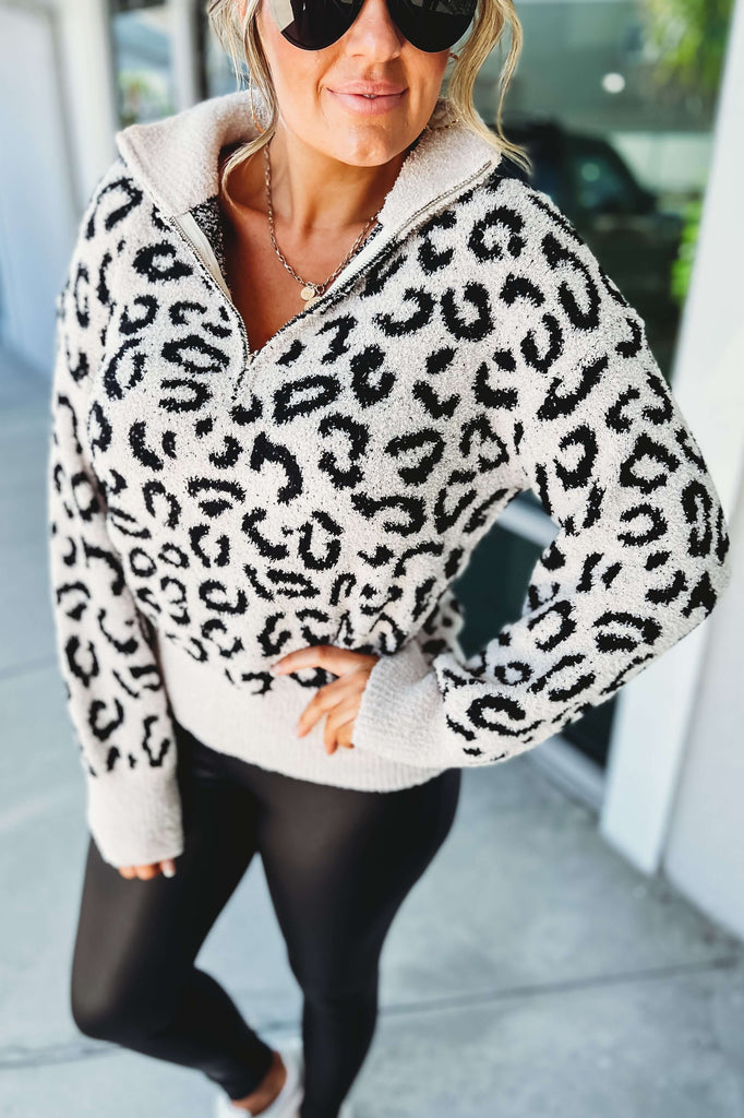 Touch of Comfort Leopard Ivory Half Zip Pullover
