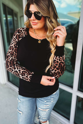 Wild Ways Leopard Sleeve Black Top