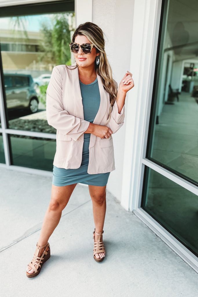 In Love With You Ruched Short Sleeve Dusty Teal Dress