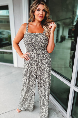 Start the Party Smocked Leopard Jumpsuit