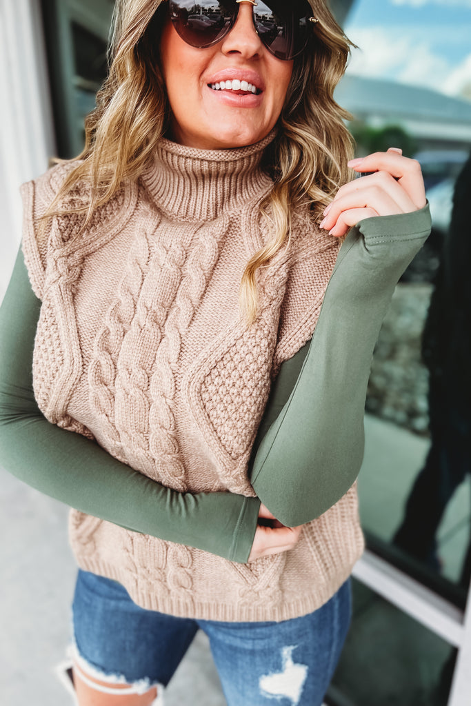 Second to None Cable Knit Taupe Turtleneck Vest