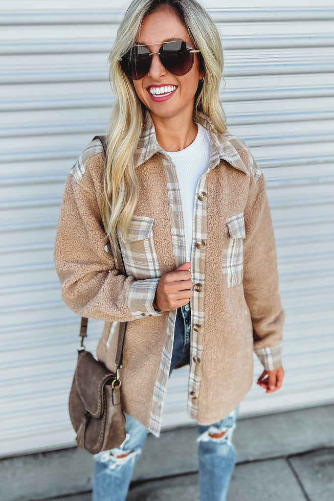 Under the Stars Plaid Accent Camel Sherpa Shacket