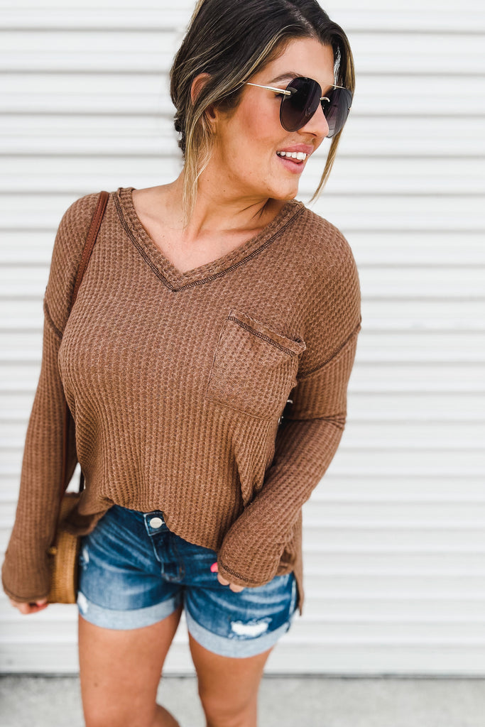 (More colors) Cozy Chic Brushed Waffle Knit Raw Edge Top