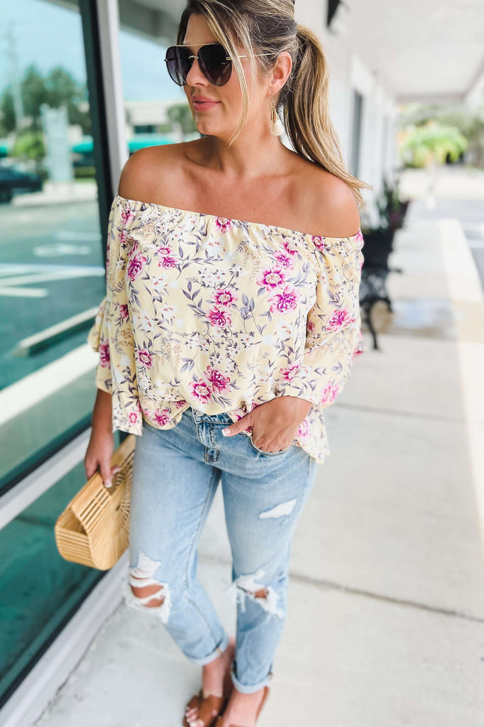 It's About Time Floral Off Shoulder Yellow Top