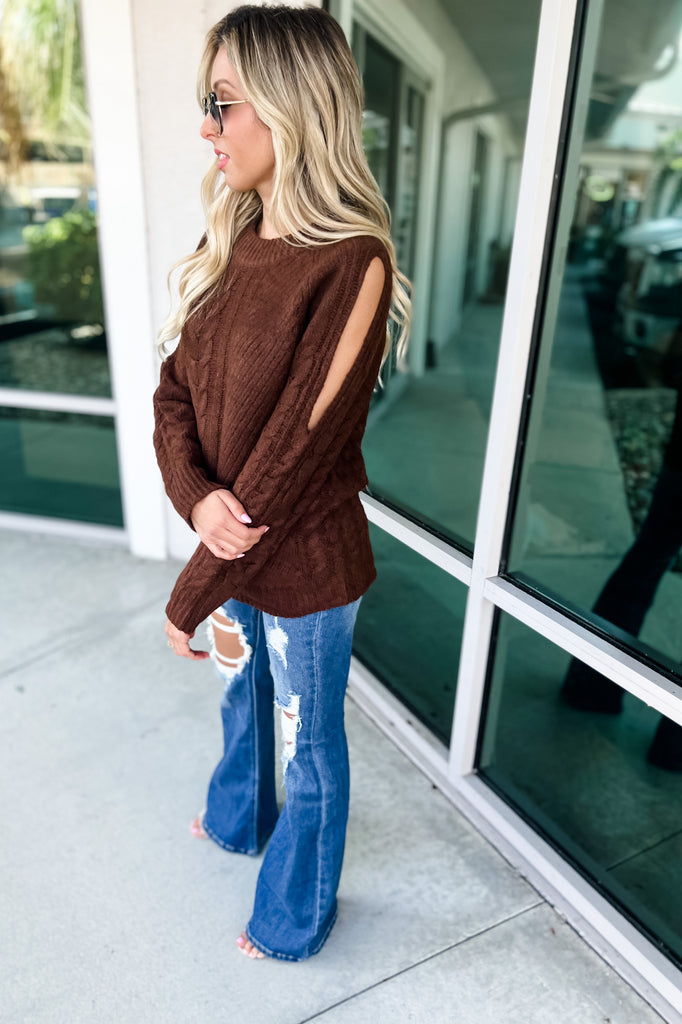 One More Chance Cold Shoulder Brown Sweater