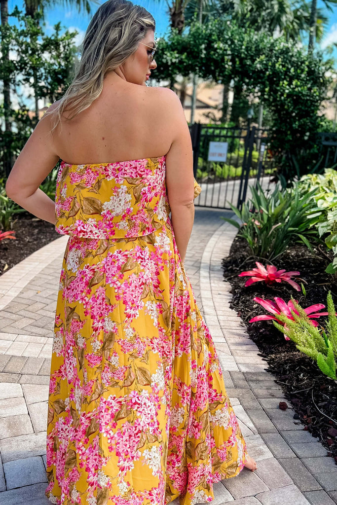 Never Say Never Strapless Yellow Floral Maxi Dress