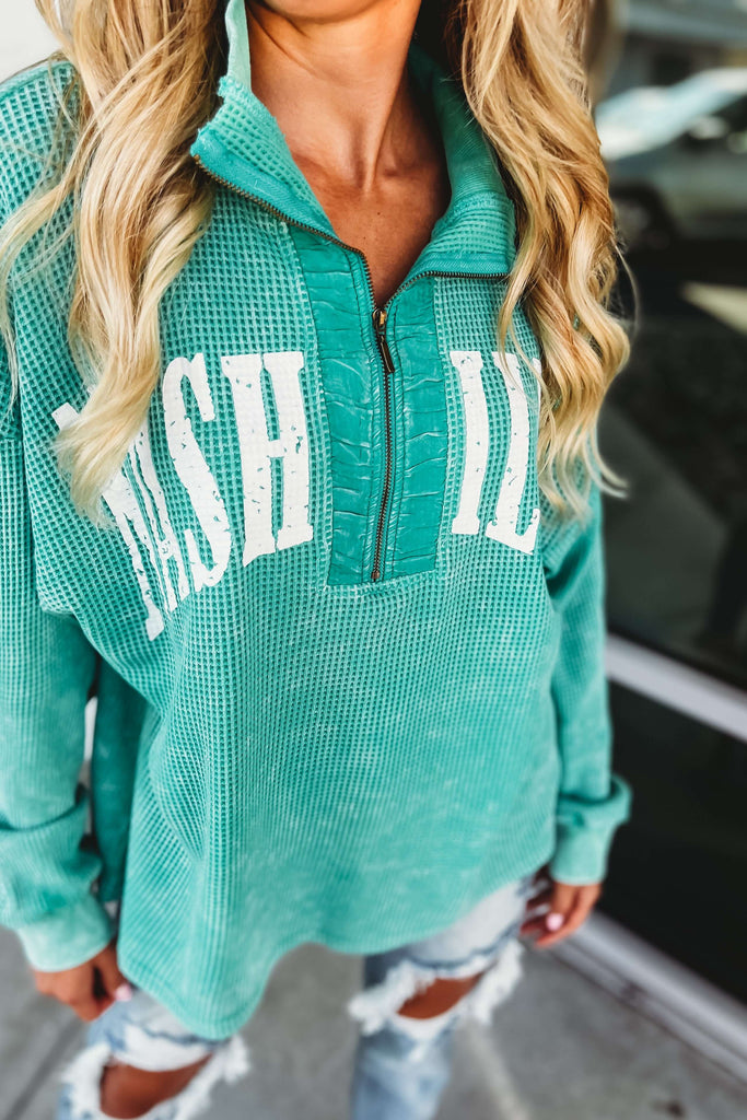 Nashville Half Zip Mineral Washed Waffle Vintage Mint Pullover
