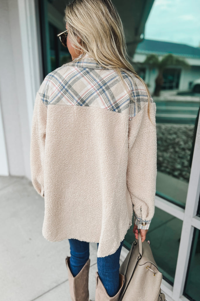 Under the Stars Plaid Accent Cream Sherpa Shacket