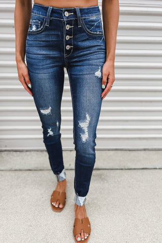 Kancan Walk on By Button Fly Distressed Jeans