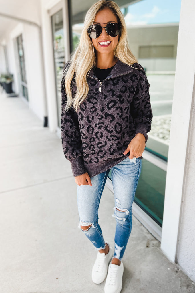 Touch of Comfort Leopard Charcoal Half Zip Pullover