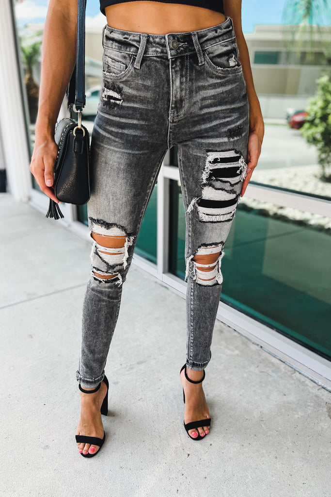 Blair High Rise Washed Black Distressed Patch Ankle Jeans