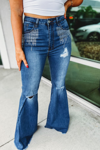 Carrie High Rise Distressed Rhinestone Accent Super Flare Jeans