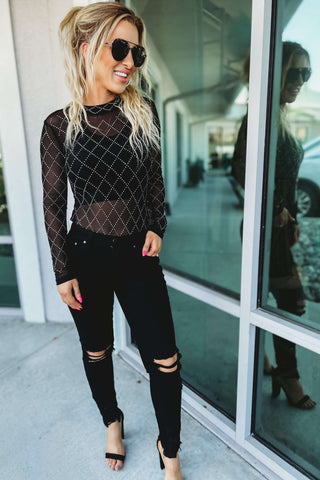 Shine Bright Like A Diamond Rhinestone Mesh Bodysuit