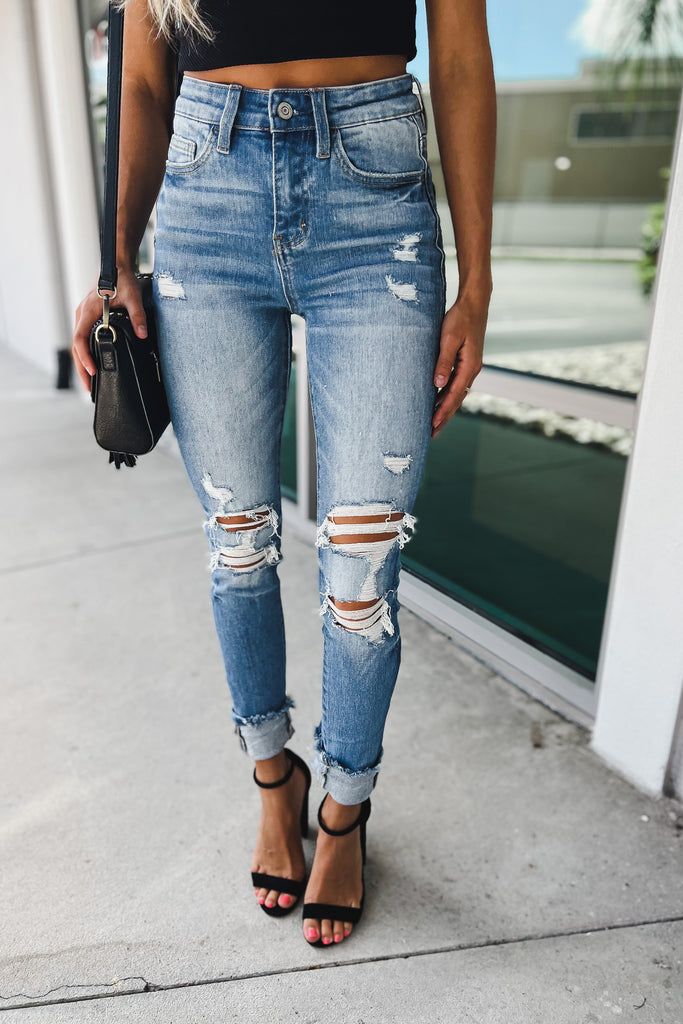 Skylar High Rise Distressed Ankle Skinny Jeans