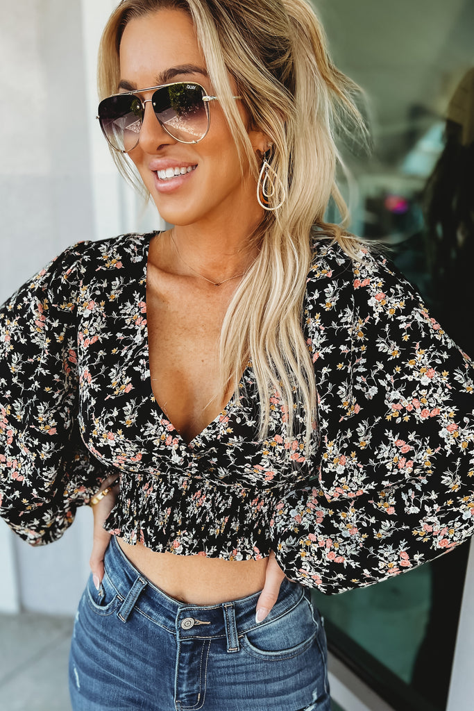 Spring Into It Black Floral Cropped Top