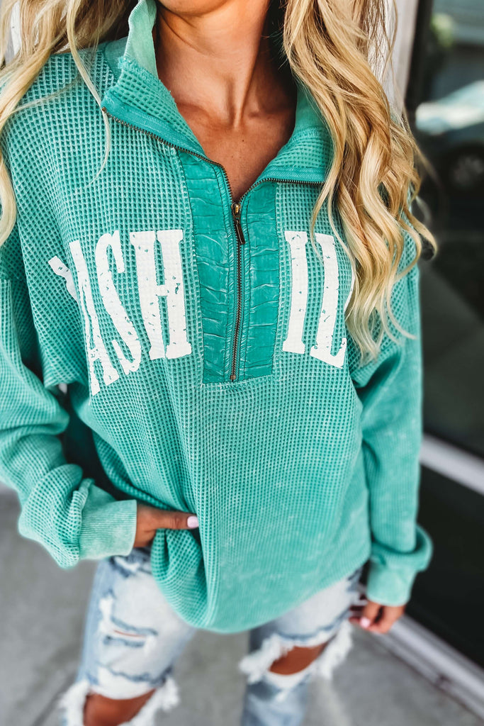 Nashville Half Zip Mineral Washed Waffle Vintage Mint Pullover