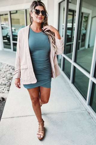 In Love With You Ruched Short Sleeve Dusty Teal Dress
