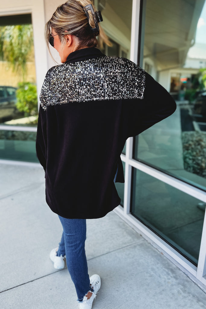 Casual Chic Sequin Accent Black Shacket