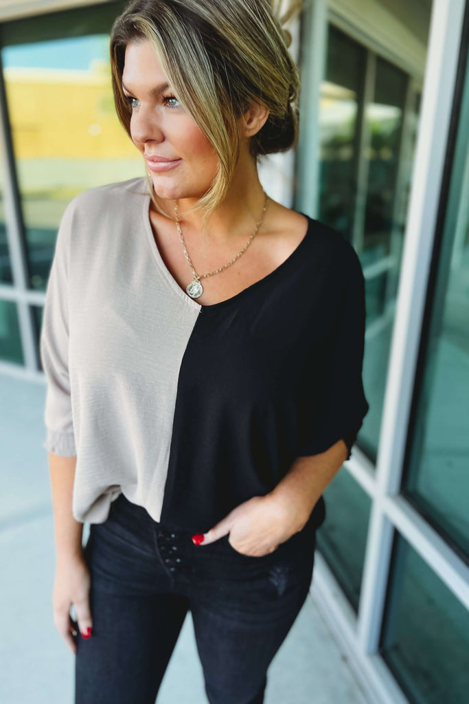 Best of Both Worlds Neutral Coco Colorblock Smocked Sleeve Top