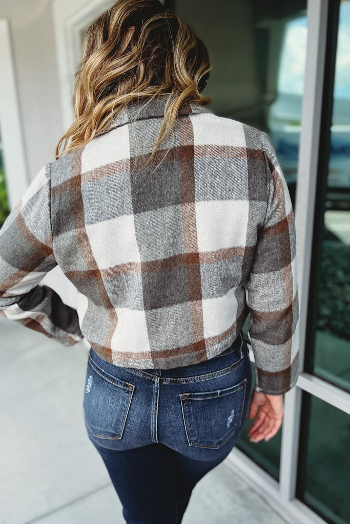 Out of the Ordinary Cropped Grey Plaid Blazer Jacket