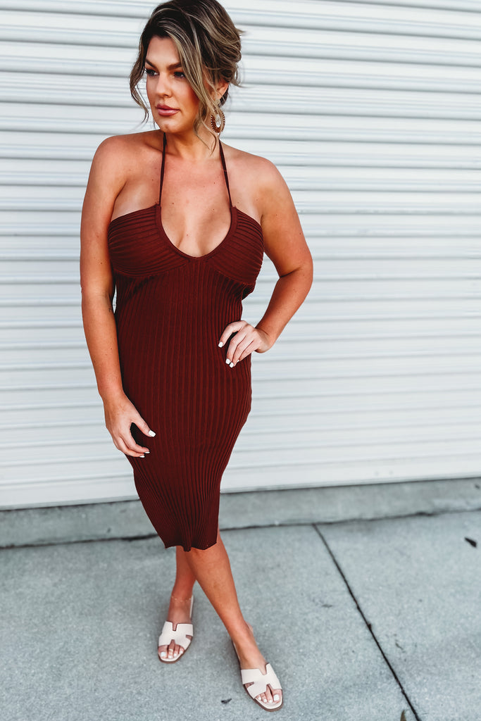Trouble with Heartbreak Ribbed Brown Midi Dress