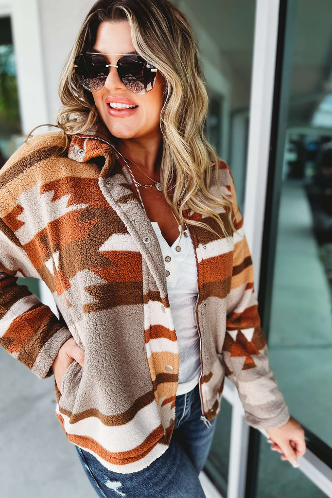 Cozy Nights Aztec Sherpa Snap Jacket