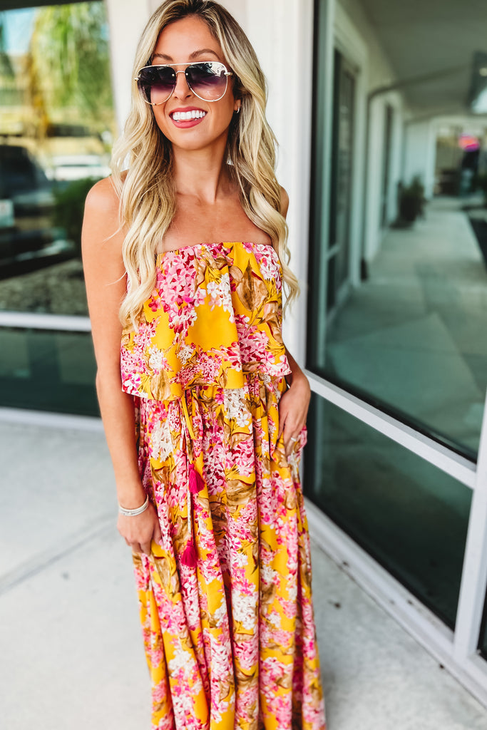 Never Say Never Strapless Yellow Floral Maxi Dress