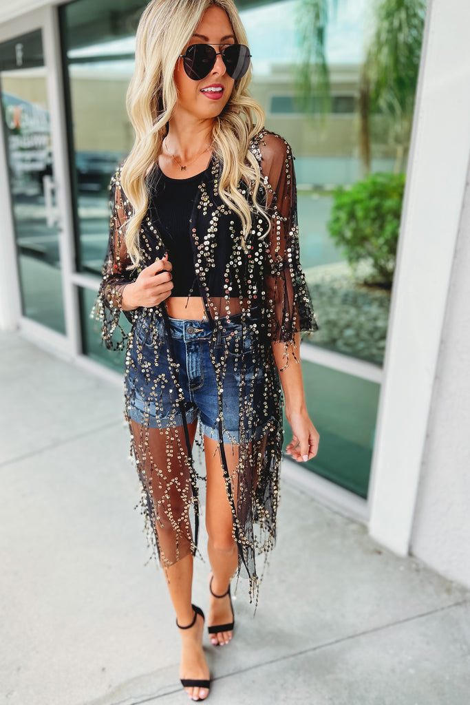 Here for the Party 3/4 Bell Sleeve Sequin Kimono