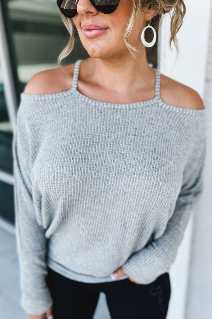 In My Heart Heather Grey Cold Shoulder Top
