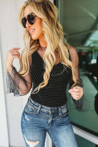 One Size Looking for Trouble Rhinestone Black Mesh Top