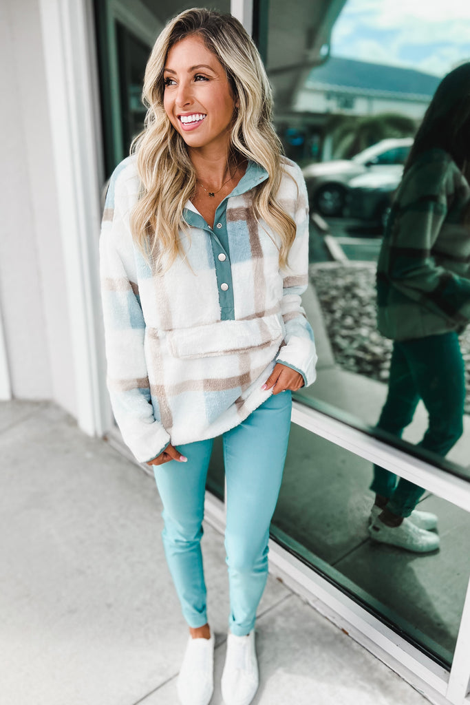 Here to Stay Soft Blue Plaid Pullover