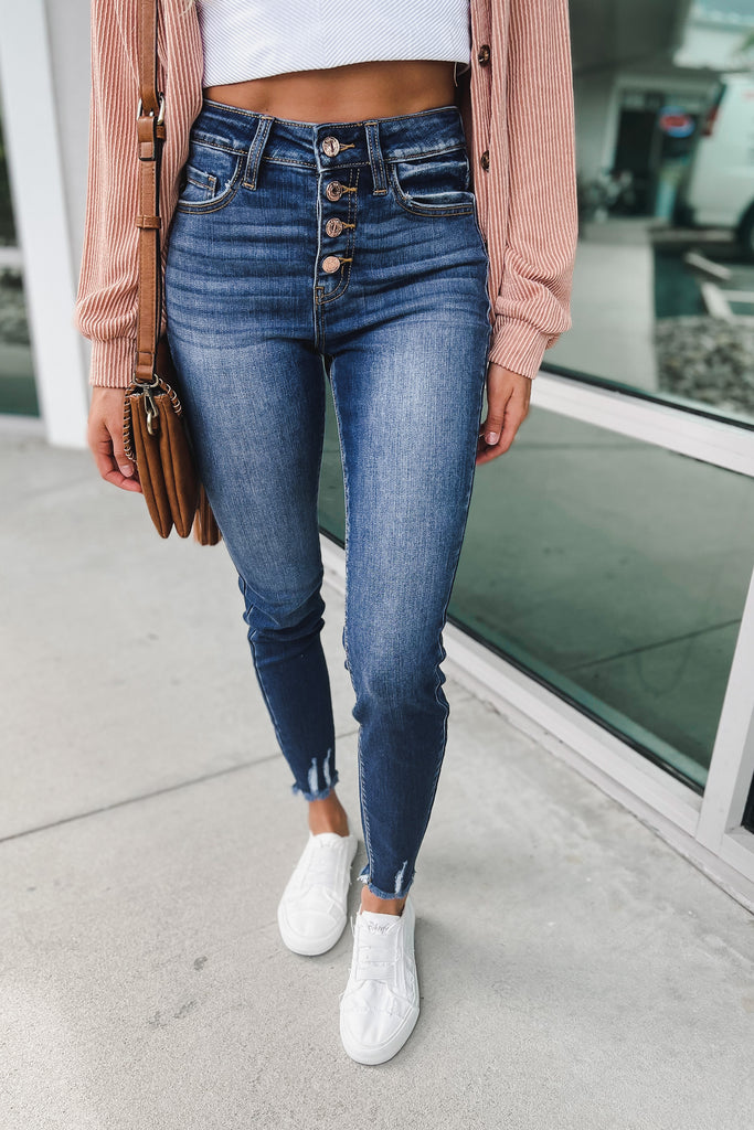 KanCan Won't Back Down Rose Gold Button Fly Mid High Rise Jeans
