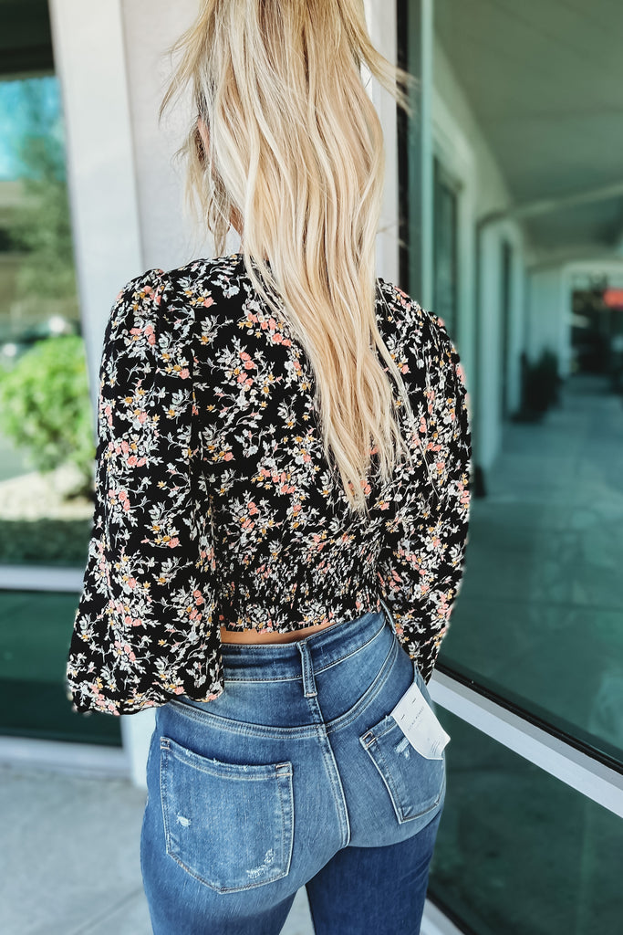 Spring Into It Black Floral Cropped Top