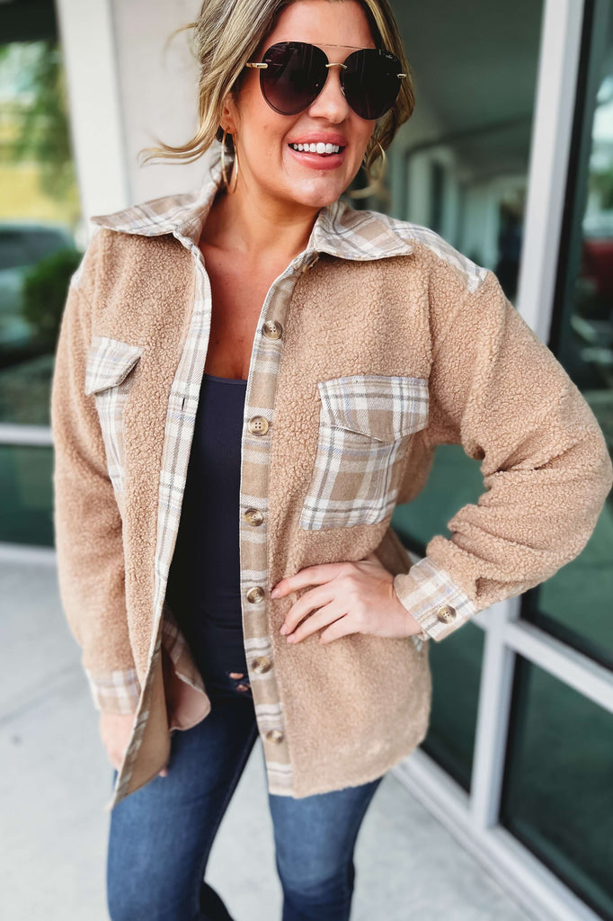 Under the Stars Plaid Accent Camel Sherpa Shacket