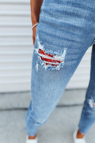 Kancan Bandana Patches High Rise Ankle Skinny Jeans