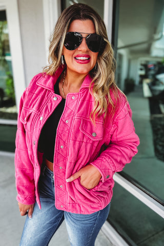 No More Wasting Time Garment Stone Washed Hot Pink Quilted Jacket