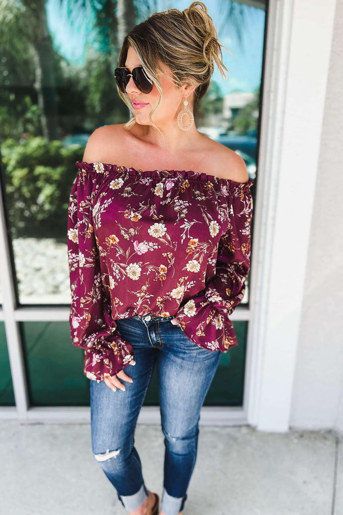 Sweet Dreams Burgundy Floral Off Shoulder Top
