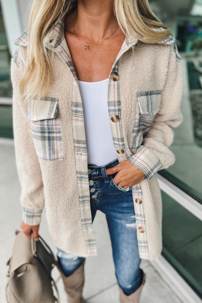 Under the Stars Plaid Accent Cream Sherpa Shacket