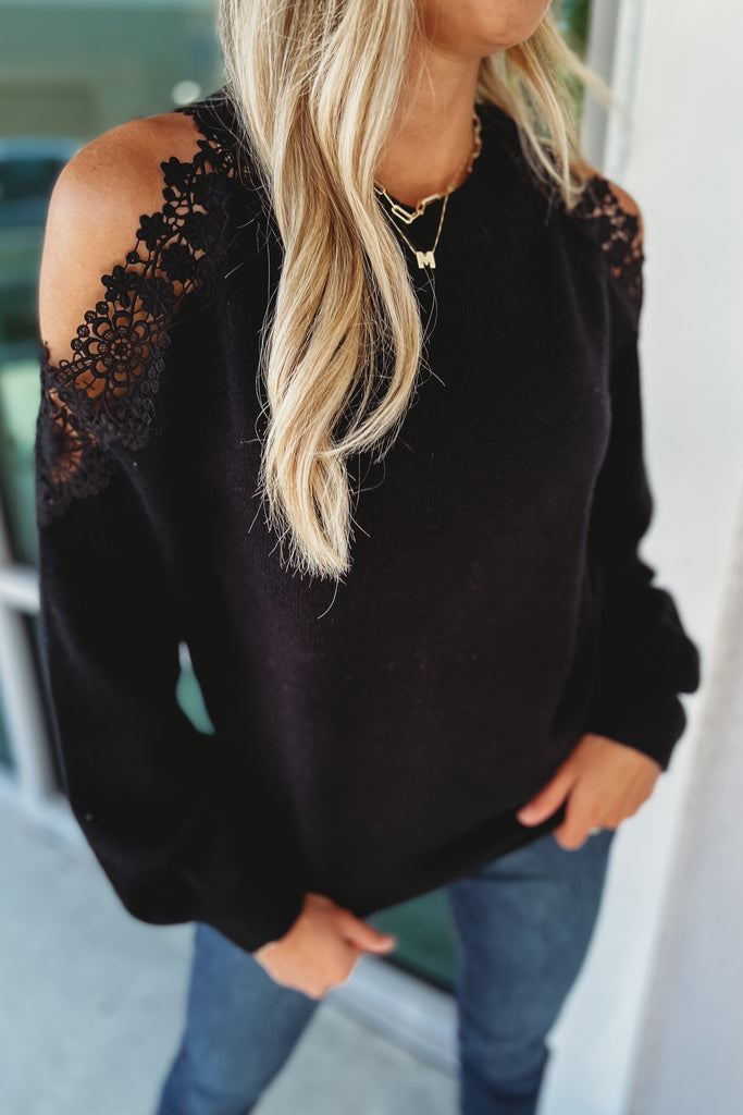 Romantic Vibes Cold Shoulder Lace Black Sweater