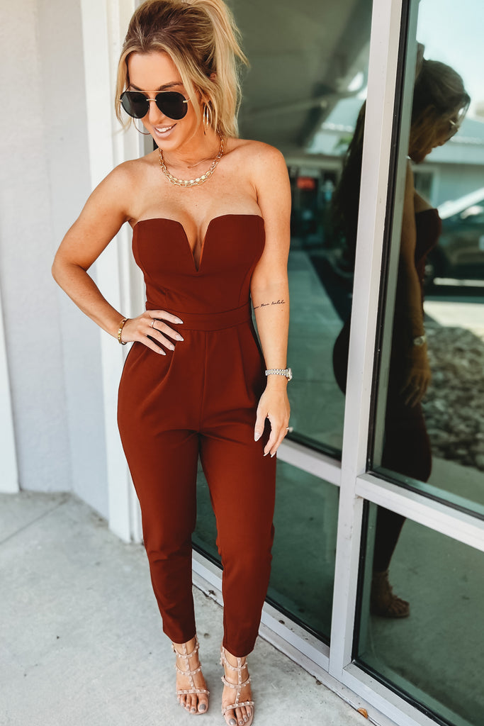 Falling Into Your Dreams Cropped Rust Sweetheart Neckline Jumpsuit