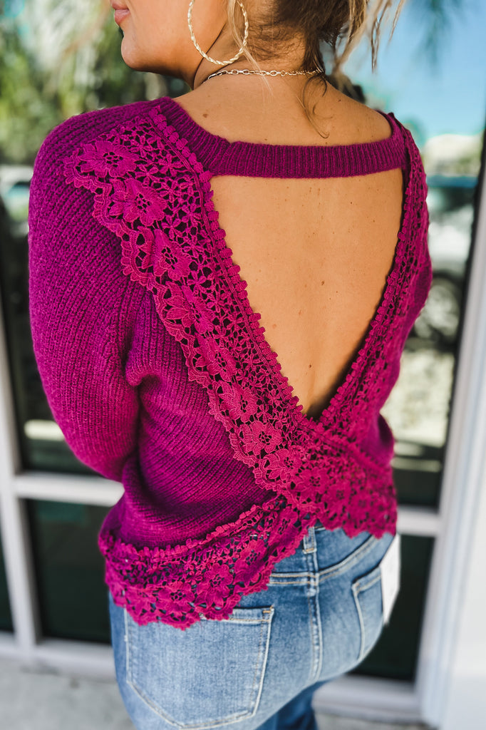 Flirty Ways Lace Cross Back Magenta Sweater